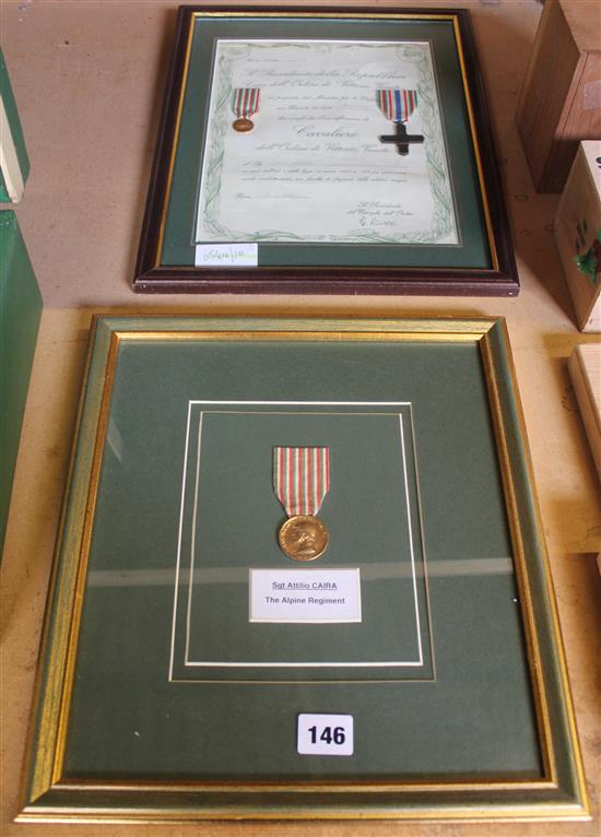 Italian WWI Victory medal to Sgt Attilio Caira, cased and 2 other Italian cased medals